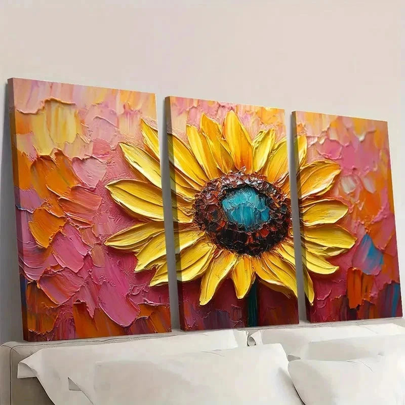 3pcs Sunflower Original Yellow floral Pink A Wall Art Set Canvas Framed 50x70cm - High Quality Print 100% Australian Made Wall Canvas Ready to Hang