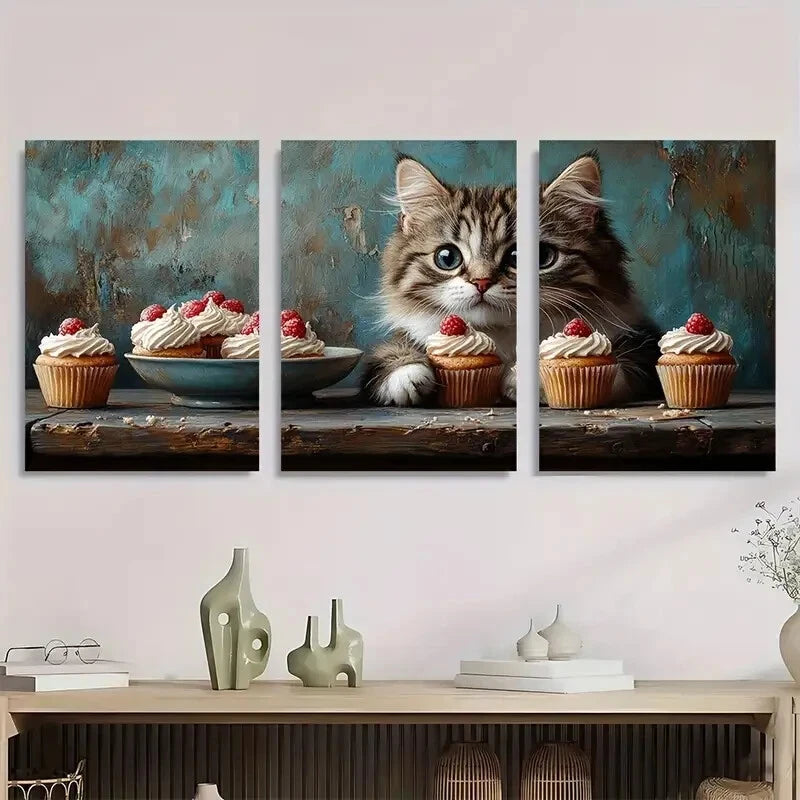 3pcs Painting Cute Cat Chef Cupcakes Metal Print Ready to Hang Art