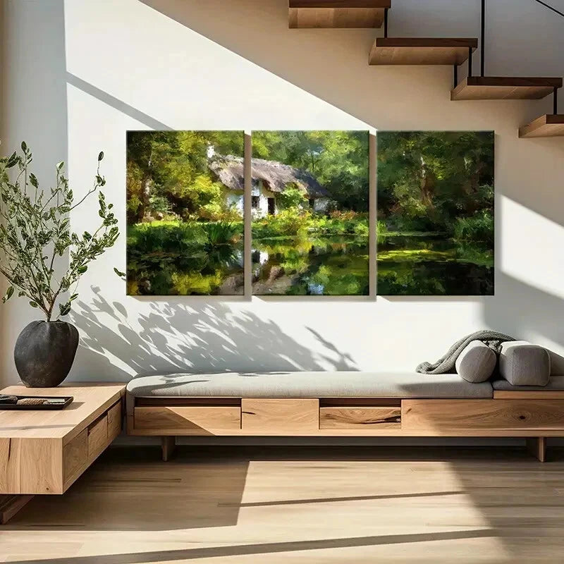3pcs Serene Cottage & Lush Greenery Scenery Metal Print Ready to Hang Art