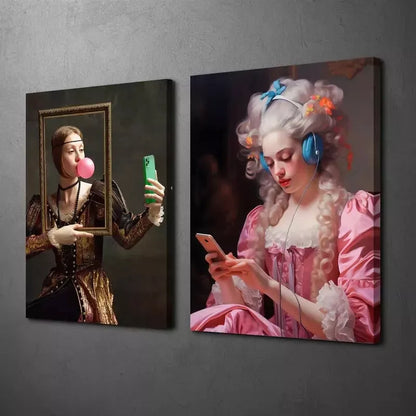 2pcs Painting, Funny Renaissance, Baroque Style, Vintage Female Canvas Framed 50x75cm - High Quality Print 100% Australian Made Wall Canvas Ready to Hang