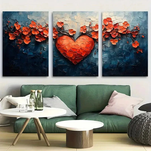 3pcs Abstract Floral Heart in Warm Tones Design Metal Print Ready to Hang Art
