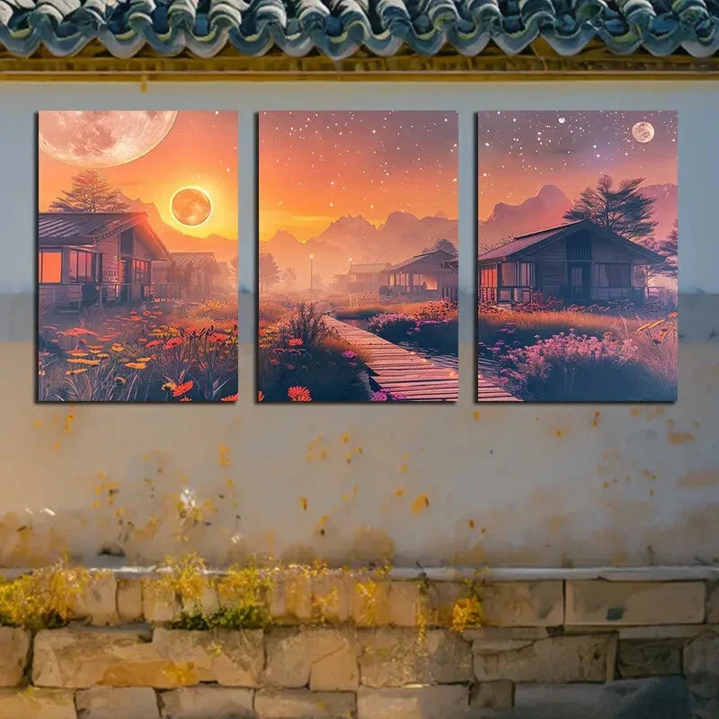 3pcs Vibrant Rustic Countryside Scenes Metal Print Ready to Hang Art