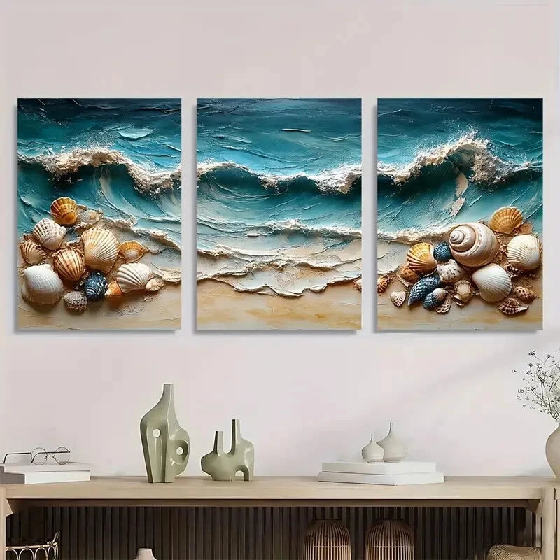 3pcs Blue Hues with Seashells Border Metal Print Ready to Hang Art