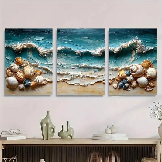 3pcs Blue Hues with Seashells Border Metal Print Ready to Hang Art