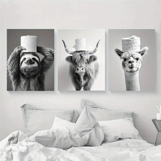 3pcs Highland Cow And Alpaca Humorous Metal Print Ready to Hang Art