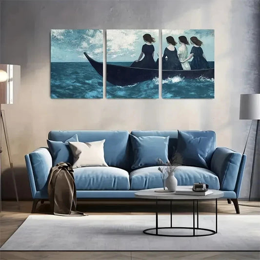 3pcs Serene Girls On The Sea Design Metal Print Ready to Hang Art