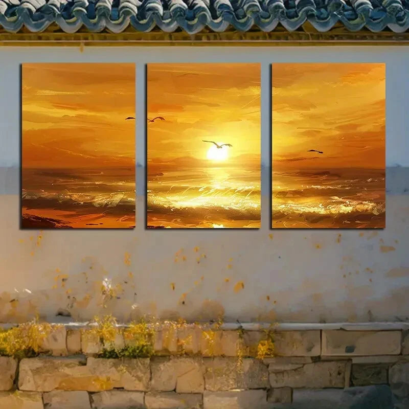 3pcs Vibrant Quiet Beach with Sunset View Metal Print Ready to Hang Art