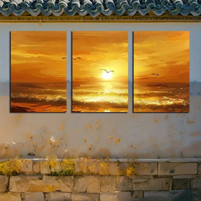 3pcs Vibrant Quiet Beach with Sunset View Metal Print Ready to Hang Art