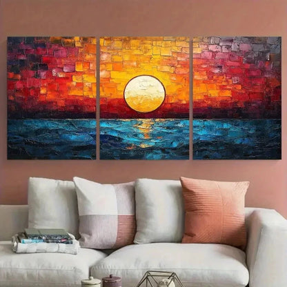 3pcs Vibrant Abstract Sunrise Mosaic Design Metal Print Ready to Hang Art