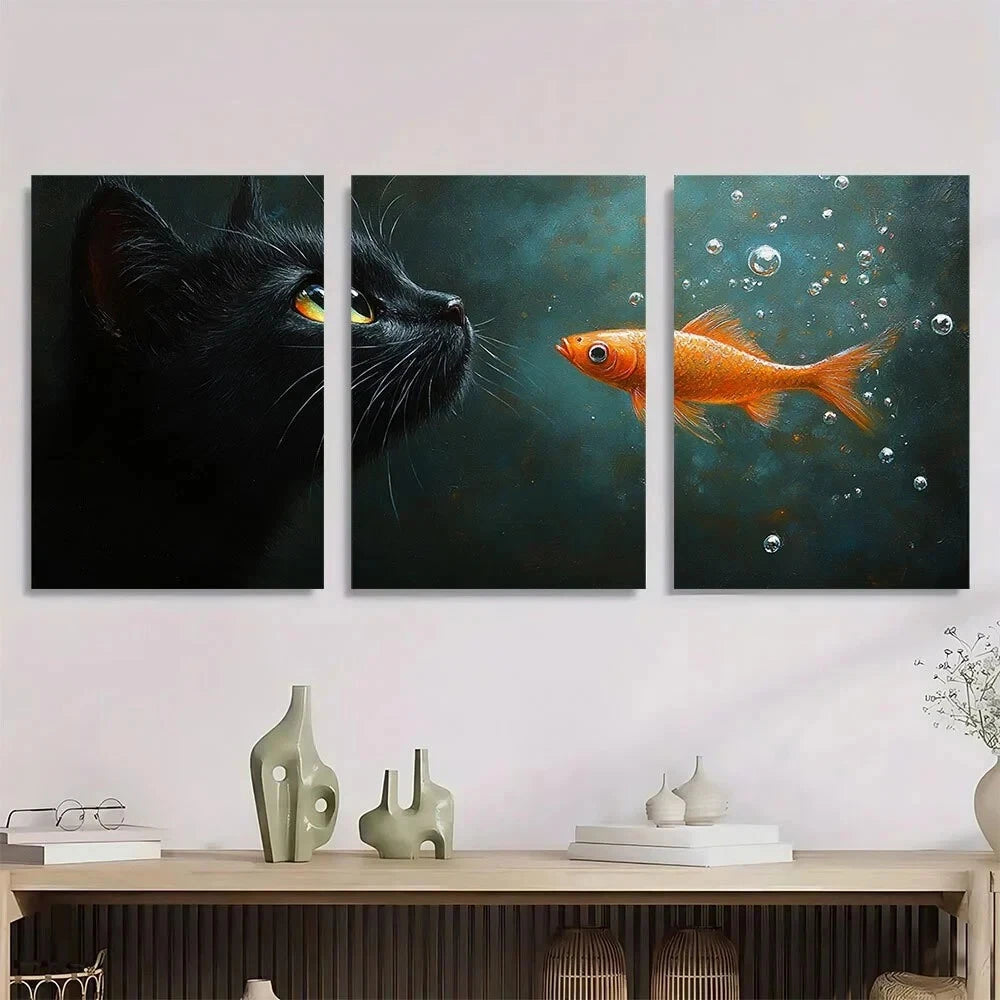 3pcs Black Cat & Golden Fish Golden Eyes Metal Print Ready to Hang Art