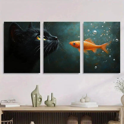 3pcs Black Cat & Golden Fish Golden Eyes Metal Print Ready to Hang Art
