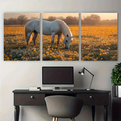 3pcs White Brown Horses Grazing in Spring Meadow Metal Print Ready to Hang Art