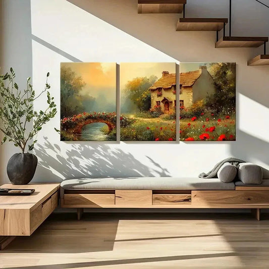 3pcs Rustic Cottage Bridge River Flowers Metal Print Ready to Hang Art