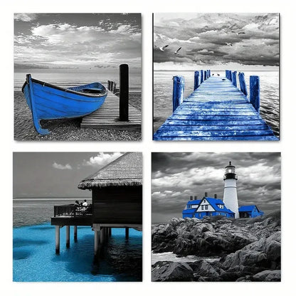 4pcs Black And White Blue Ocean Beach Coastal Wall Art Canvas Framed