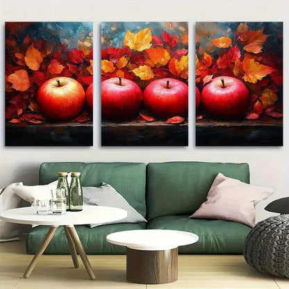 3pcs Apples with Autumn Leaves Metal Print Ready to Hang Art