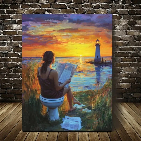 Beautiful Contemporary Lighthouse Sunset Painting 40x60cm Metal Print Ready to Hang