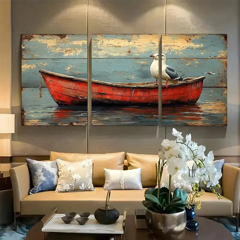 3pcs Charming Seagull and Fishing Boat Design Metal Print Ready to Hang Art