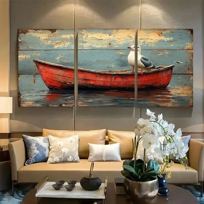 3pcs Charming Seagull and Fishing Boat Design Metal Print Ready to Hang Art