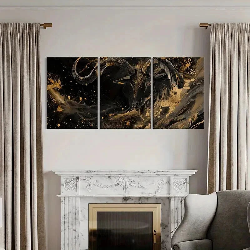 3pcs Capricorn Golden Splatter Abstract Art Metal Print Ready to Hang Art