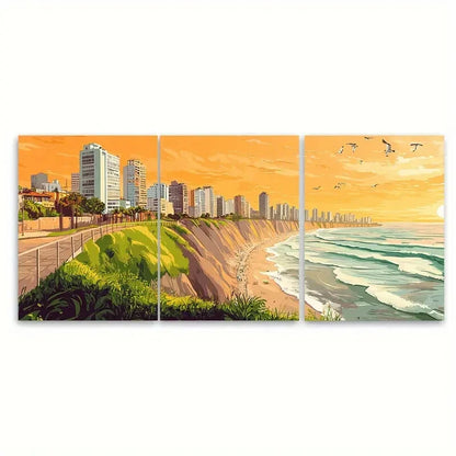 3pcs Vibrant Peruvian Skyscrapers Beach & Sunset Metal Print Ready to Hang Art