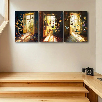3pcs Vibrant Sunlit Windows Colorful Butterflies Metal Print Ready to Hang Art
