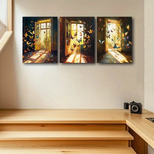 3pcs Vibrant Sunlit Windows Colorful Butterflies Metal Print Ready to Hang Art