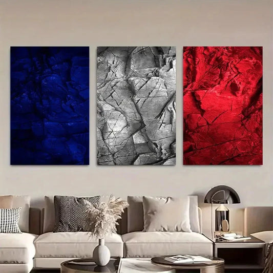 3pcs Vibrant Blue White & Red Marble Design Metal Print Ready to Hang Art