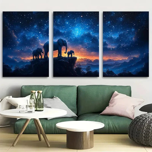 3pcs Elephant Family on Rocky Cliff Metal Print Ready to Hang Art