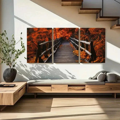 3pcs Vibrant Maple Leaf Bridge Scenery Wall Art Set Canvas Framed 40x60cm - High Quality Print 100% Australian Made Wall Canvas Ready to Hang