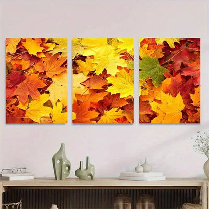 3pcs Autumn Leaves Triptych Vibrant Fall Colors Metal Print Ready to Hang Art