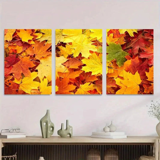 3pcs Autumn Leaves Triptych Vibrant Fall Colors Metal Print Ready to Hang Art