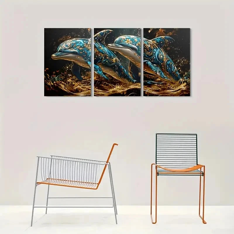 3pcs Fantasy Golden Themed Dolphins Metal Print Ready to Hang Art