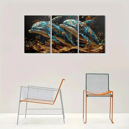 3pcs Fantasy Golden Themed Dolphins Metal Print Ready to Hang Art