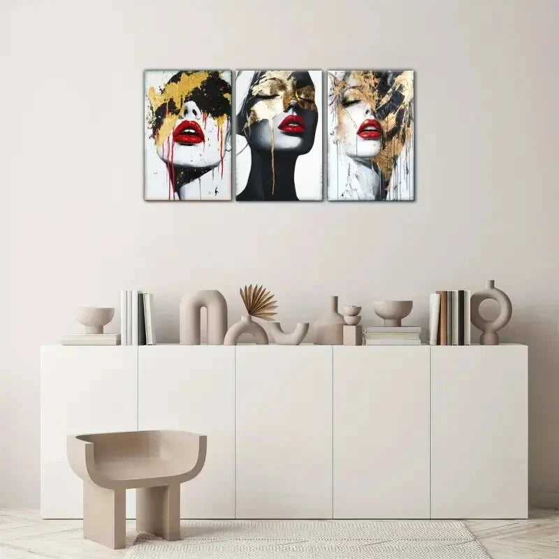 3pcs Red Lips Sexy Woman Golden Decoration Metal Print Ready to Hang Art