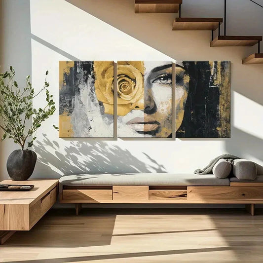 3pcs Abstract Art Golden Rose Woman Face Metal Print Ready to Hang Art
