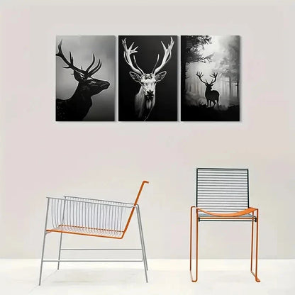 3pcs Black and White Deer Forest Animal Metal Print Ready to Hang Art