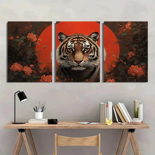 3pcs Japanese Woodblock Tiger Style Wall Art Set Canvas Framed 40x60cm - High Quality Print 100% Australian Made Wall Canvas Ready to Hang