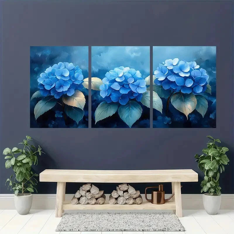 3pcs Blue Hydrangea Flower Watercolor Painting Metal Print Ready to Hang Art