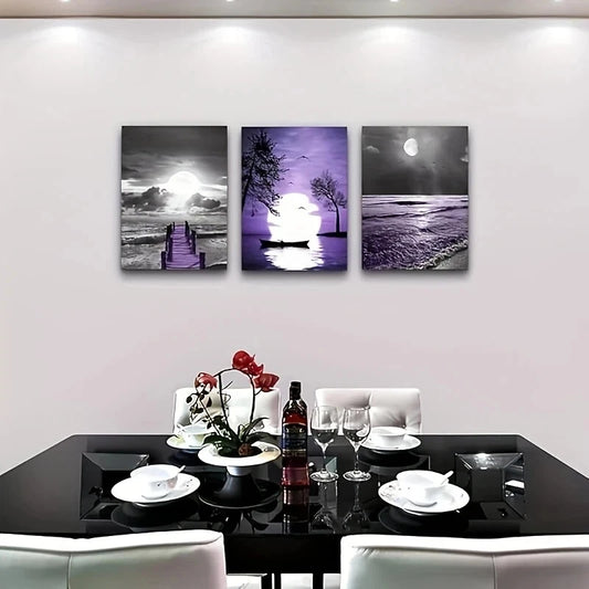 3pcs Black and White Moonlit Night Sky Metal Print Ready to Hang Art