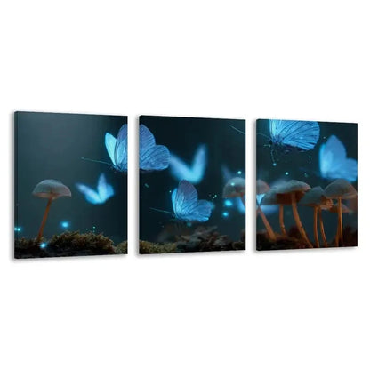 3pcs Blue Glowing Butterflies And Mushrooms   Wall Art Set Canvas Framed 60x90cm - High Quality Print 100% Australian Made Wall Canvas Ready to Hang