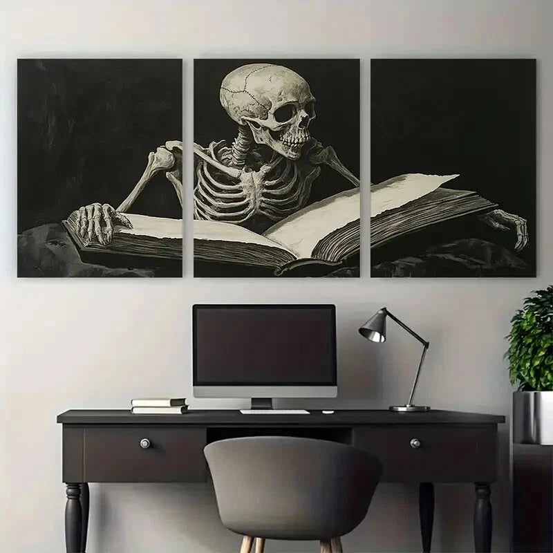 3pcs Reading Skeleton Halloween Vintage Design Metal Print Ready to Hang Art