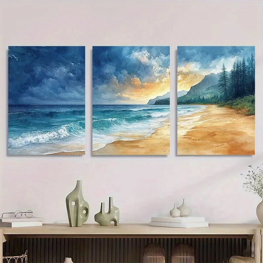 3pcs Vancouver Island Beach Painting Metal Print Ready to Hang Art