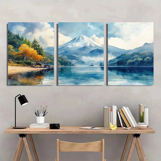 3pcs Vintage Watercolor Mountain Metal Print Ready to Hang Art