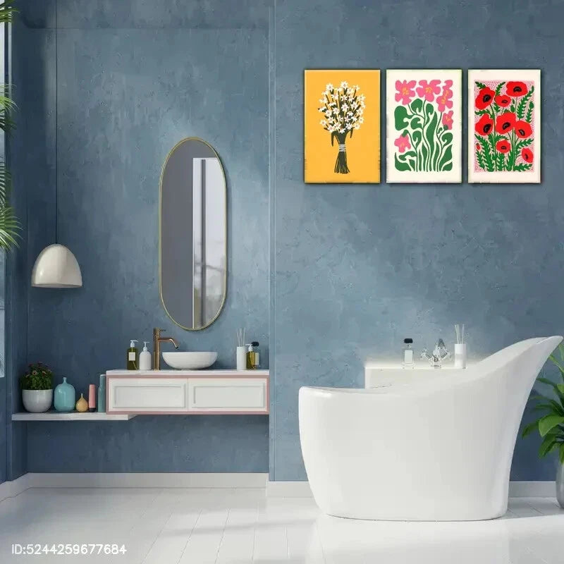 3pcs Floral Style Pink Red and White Flowers Metal Print Ready to Hang Art