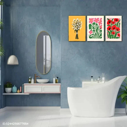 3pcs Floral Style Pink Red and White Flowers Metal Print Ready to Hang Art