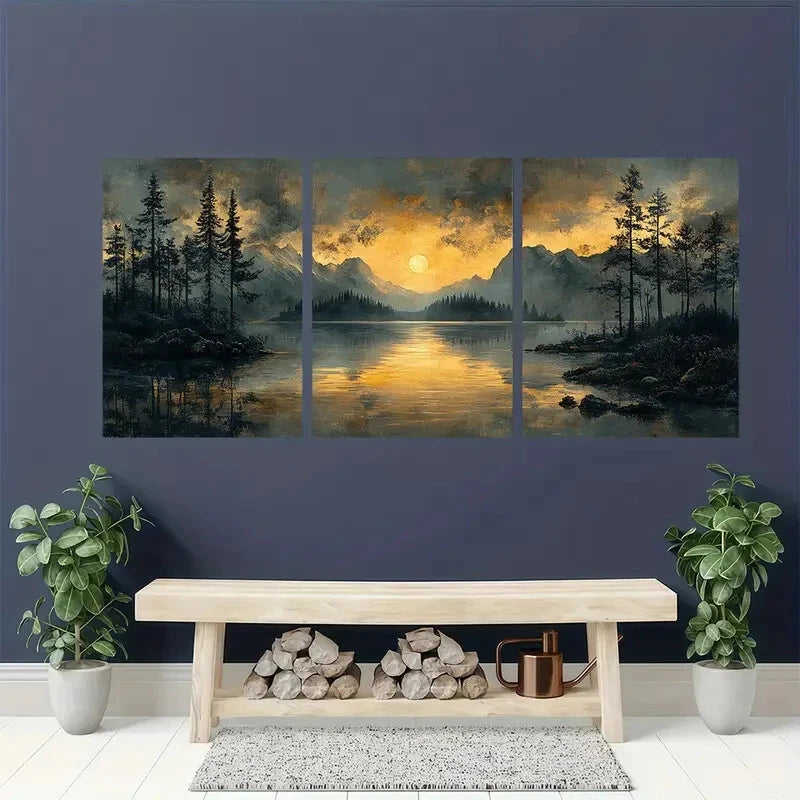 3pcs Panoramic Nature Sketch Black Poster Metal Print Ready to Hang Art