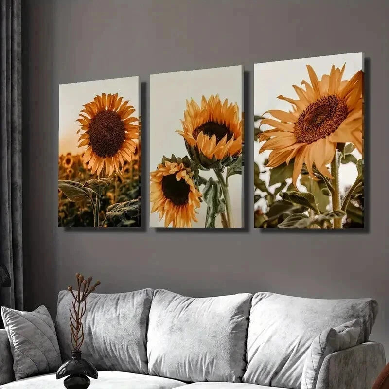 3pcs Nordic Sunflower Blooms in the Field Wall Art Set Canvas Framed 40x60cm - High Quality Print 100% Australian Made Wall Canvas Ready to Hang