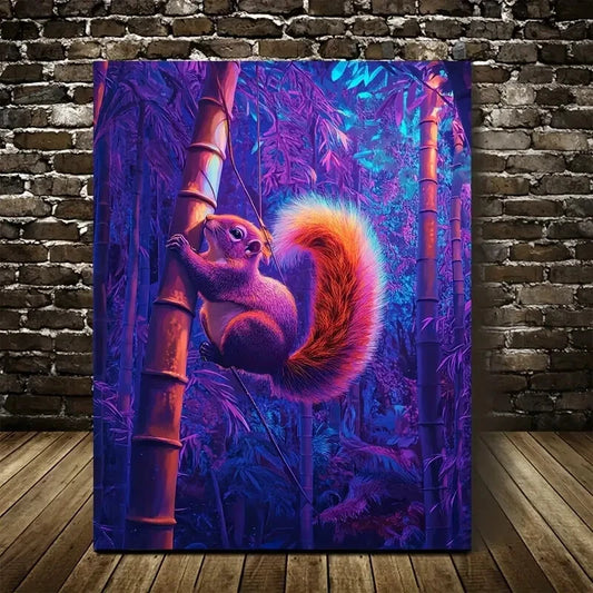 Surreal Squirrel Scene In Bamboo Grove Painting 40x60cm Metal Print Ready to Hang