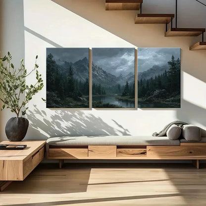 3pcs Mountain Landscape Forest Stream Dark Clouds Metal Print Ready to Hang Art