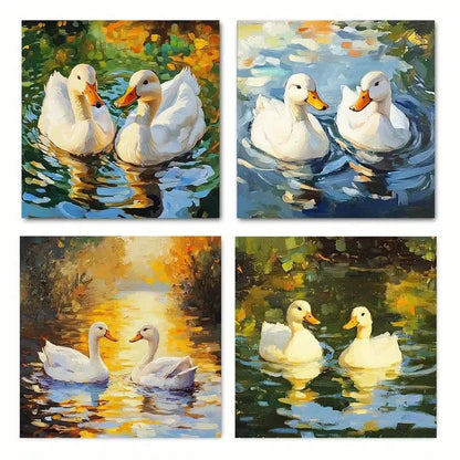 4pcs Charming White Ducks Reflection Wall Art Canvas Framed
